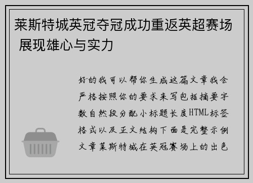 莱斯特城英冠夺冠成功重返英超赛场 展现雄心与实力